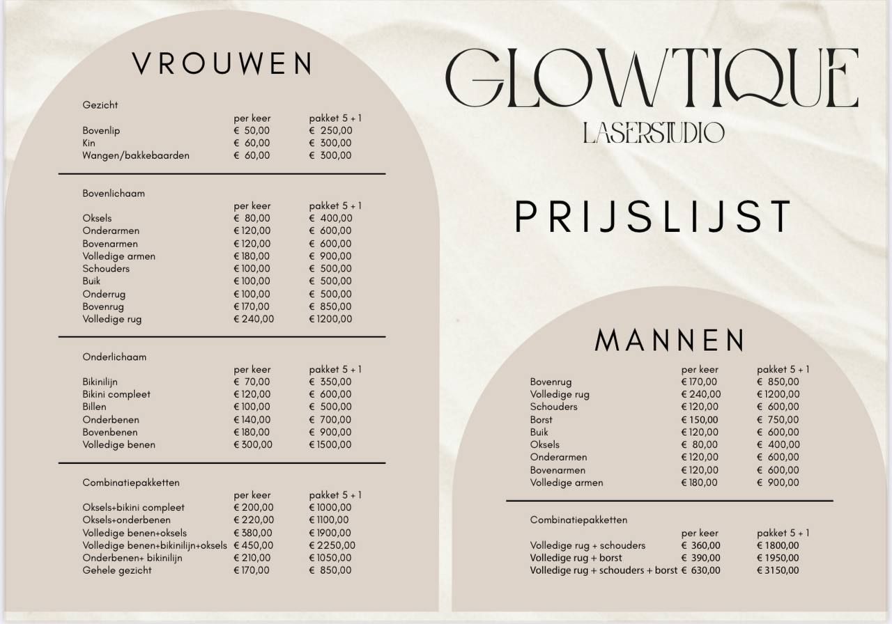 Glowtique prijslijst